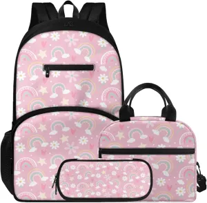 Cloudy Rainbow Flower Print Boys Girls 3pcs Backpack with Lunch Bag & Pencil Pouch, Lightweight 16.9 In School Bag, Tote Lunch Box with Shoulder Strap, Suitable for School, Picnic Trips