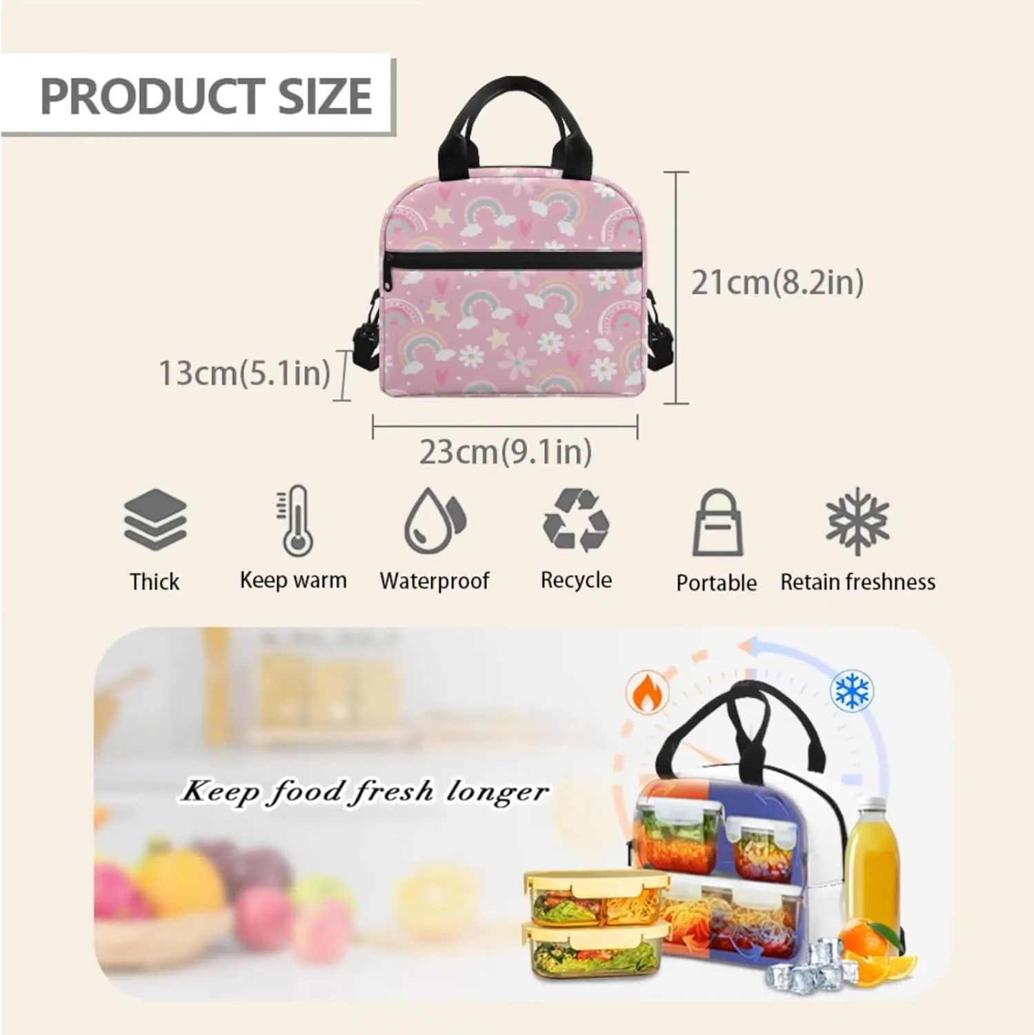 Cloudy Rainbow Flower Print Boys Girls 3pcs Backpack with Lunch Bag & Pencil Pouch, Lightweight 16.9 In School Bag, Tote Lunch Box with Shoulder Strap, Suitable for School, Picnic Trips