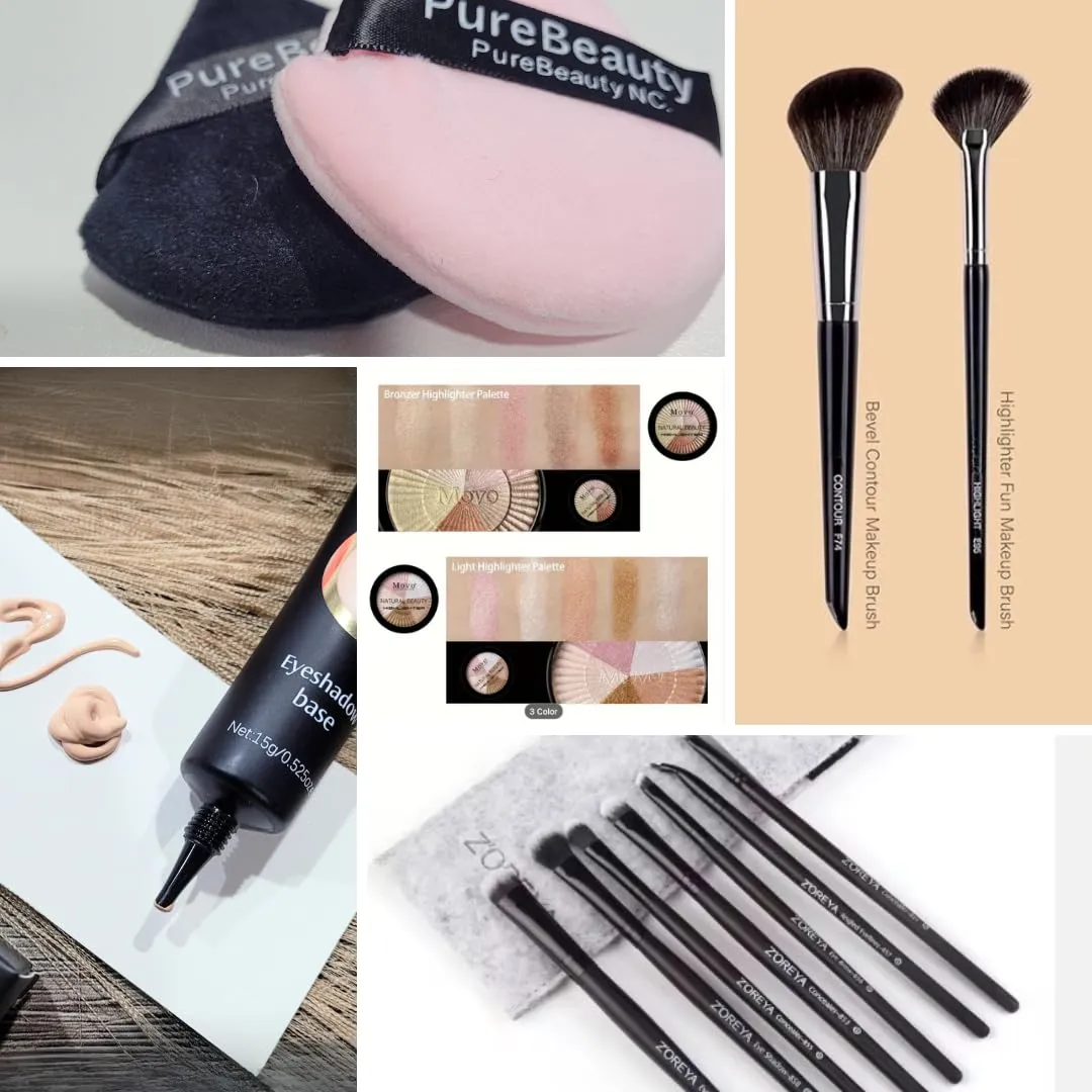 Complete Makeup Kit for Women – Buttercup Setting Powder, Light Highlighter Palette, 8 Brushes, Complimentary Nude Eyeshadow Palette, Nude Shadow Base – All-in-One Professional Cosmetic Set