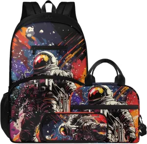 Cool Astronaut Color Print Kids Backpack Set with Lunch Bag & Pencil Pouch, Lightweight 16.9 Inch Large Capacity Backpack, Tote Lunch Box with Shoulder Strap for School & Outdoor