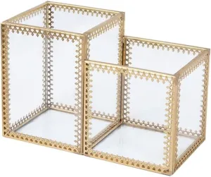 Cosmetic Storage Box - Transparent Glass Makeup Brush Holder with Copper Frame, Elegant Desktop Organizer for Lipsticks, Eyebrow Pencils & Skincare Products