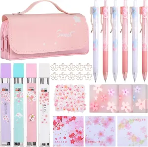 Crtiin 74 Pcs Kawaii Cherry Blossom Stationery Set Japanese Kawaii Pencil Bag Mechanical Pencil Cherry Erasers Pencil Refill and Stickers for Office Party Favors(Pink)