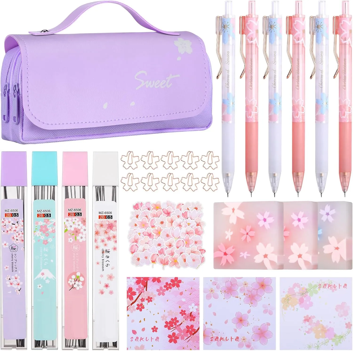 Crtiin 74 Pcs Kawaii Cherry Blossom Stationery Set Japanese Kawaii Pencil Bag Mechanical Pencil Cherry Erasers Pencil Refill and Stickers for Office Party Favors(Purple)