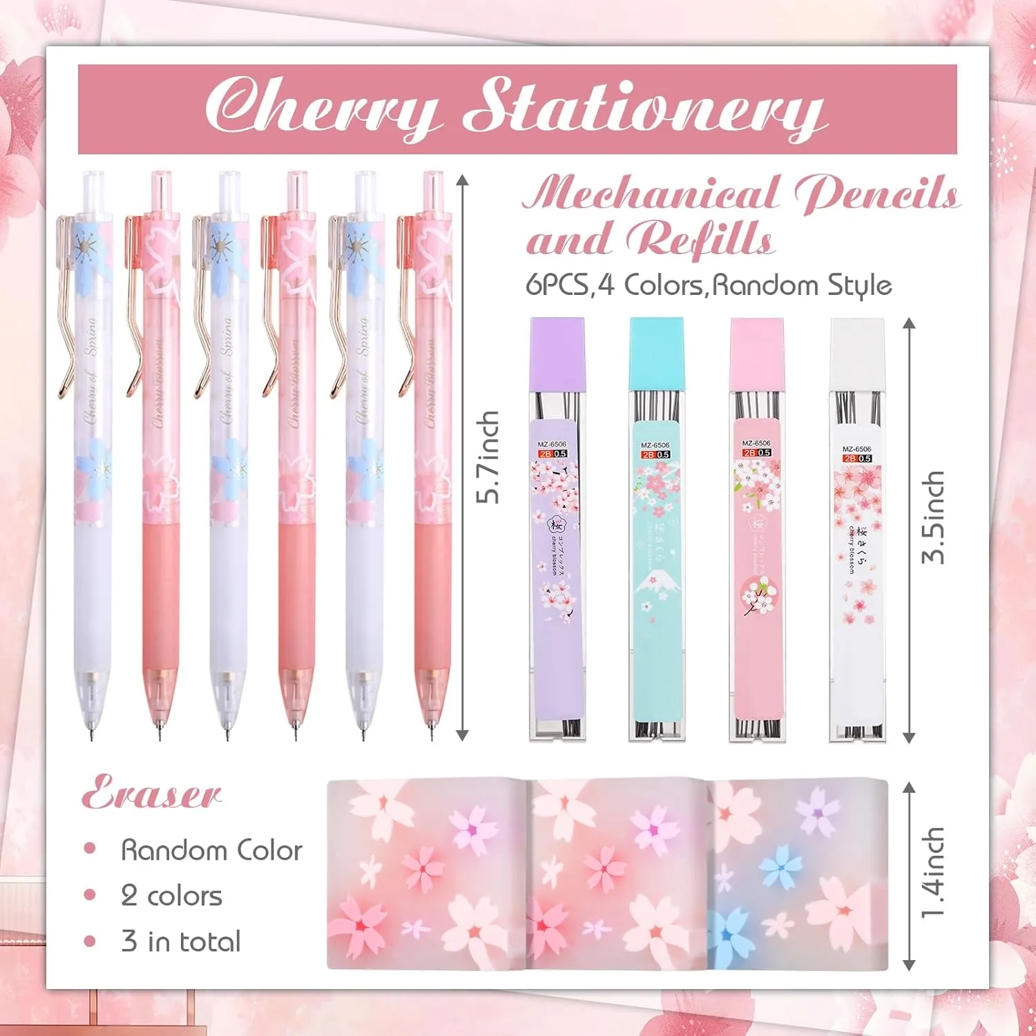 Crtiin 74 Pcs Kawaii Cherry Blossom Stationery Set Japanese Kawaii Pencil Bag Mechanical Pencil Cherry Erasers Pencil Refill and Stickers for Office Party Favors(Purple)