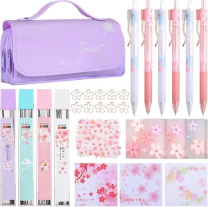 Crtiin 74 Pcs Kawaii Cherry Blossom Stationery Set Japanese Kawaii Pencil Bag Mechanical Pencil Cherry Erasers Pencil Refill and Stickers for Office Party Favors(Purple)