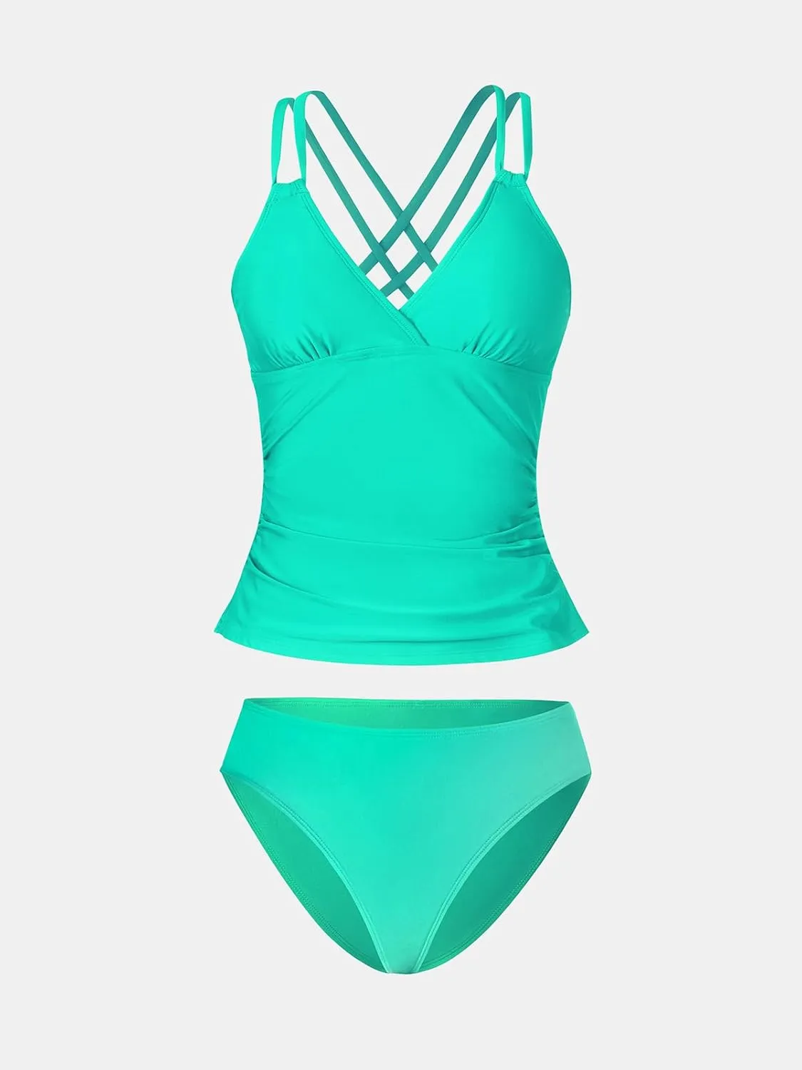 CUPSHE Women's Tankini Sets Two Piece Swimsuit V Neck Crisscross Adjustable Double Straps Ruched Mid Rise