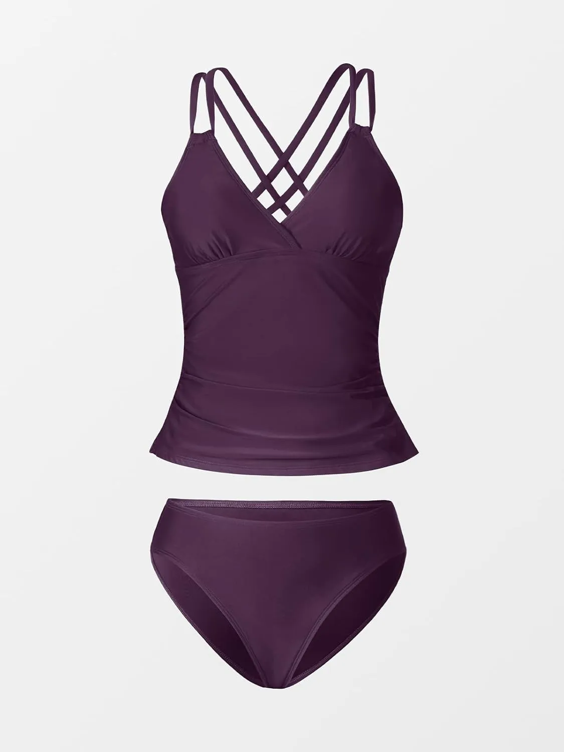 CUPSHE Women's Tankini Sets Two Piece Swimsuit V Neck Crisscross Adjustable Double Straps Ruched Mid Rise