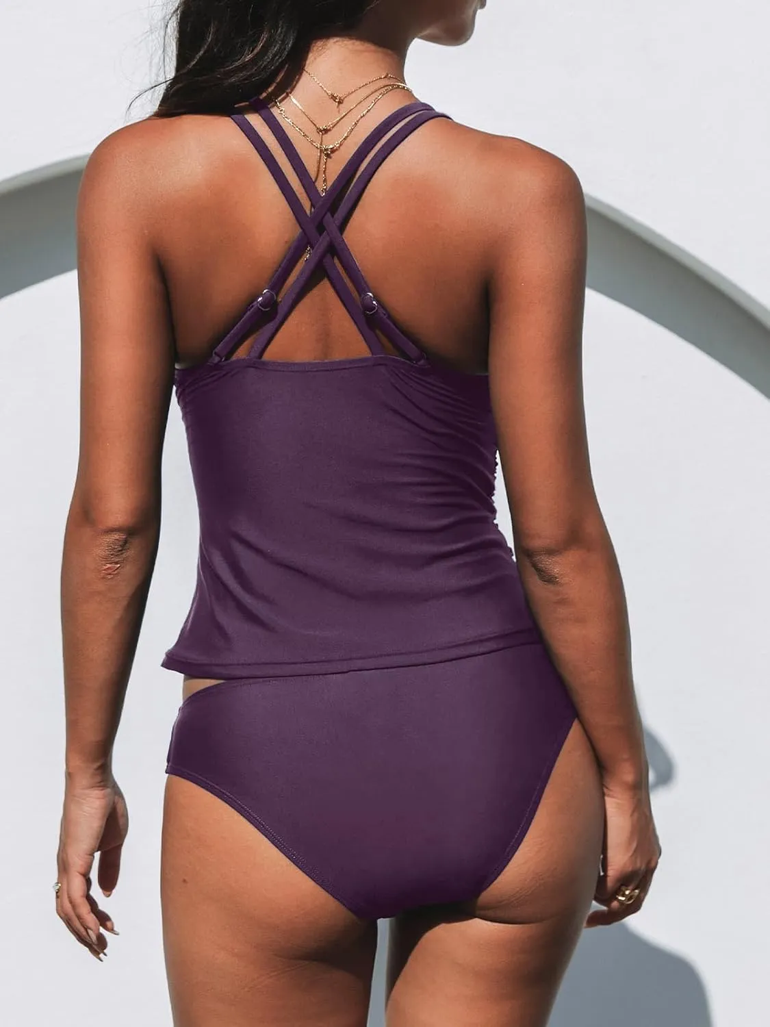CUPSHE Women's Tankini Sets Two Piece Swimsuit V Neck Crisscross Adjustable Double Straps Ruched Mid Rise