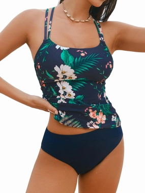 CUPSHE Women's Tankini Sets Scoop Neck Dual Crisscross Adjustable Straps Mid Rise Two Piece Swimsuit