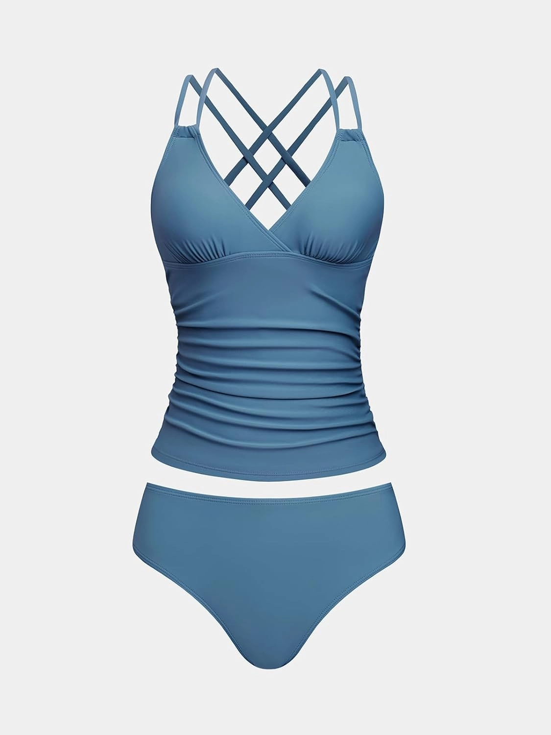 CUPSHE Women's Tankini Sets Two Piece Swimsuit V Neck Crisscross Adjustable Double Straps Ruched Mid Rise