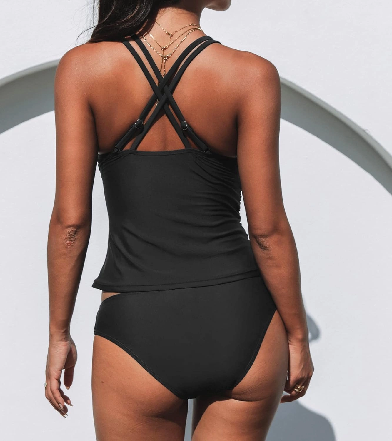 CUPSHE Women's Tankini Sets Two Piece Swimsuit V Neck Crisscross Adjustable Double Straps Ruched Mid Rise