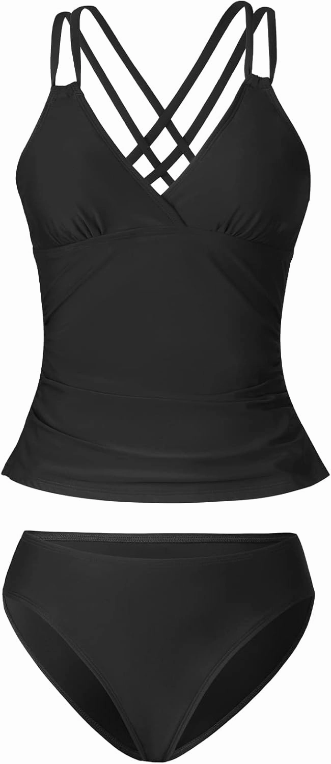 CUPSHE Women's Tankini Sets Two Piece Swimsuit V Neck Crisscross Adjustable Double Straps Ruched Mid Rise