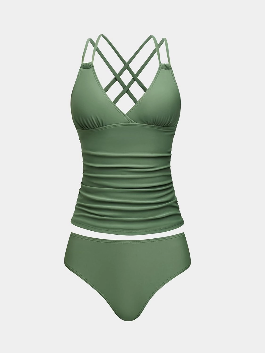CUPSHE Women's Tankini Sets Two Piece Swimsuit V Neck Crisscross Adjustable Double Straps Ruched Mid Rise