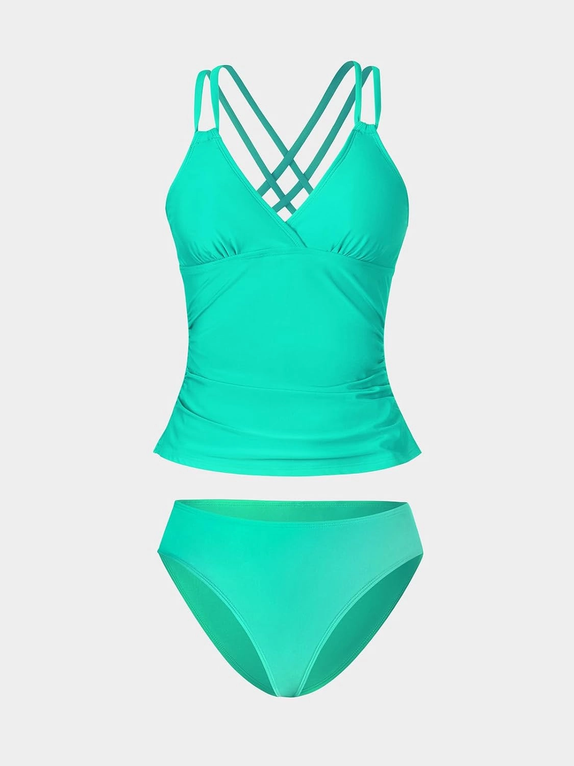 CUPSHE Women's Tankini Sets Two Piece Swimsuit V Neck Crisscross Adjustable Double Straps Ruched Mid Rise
