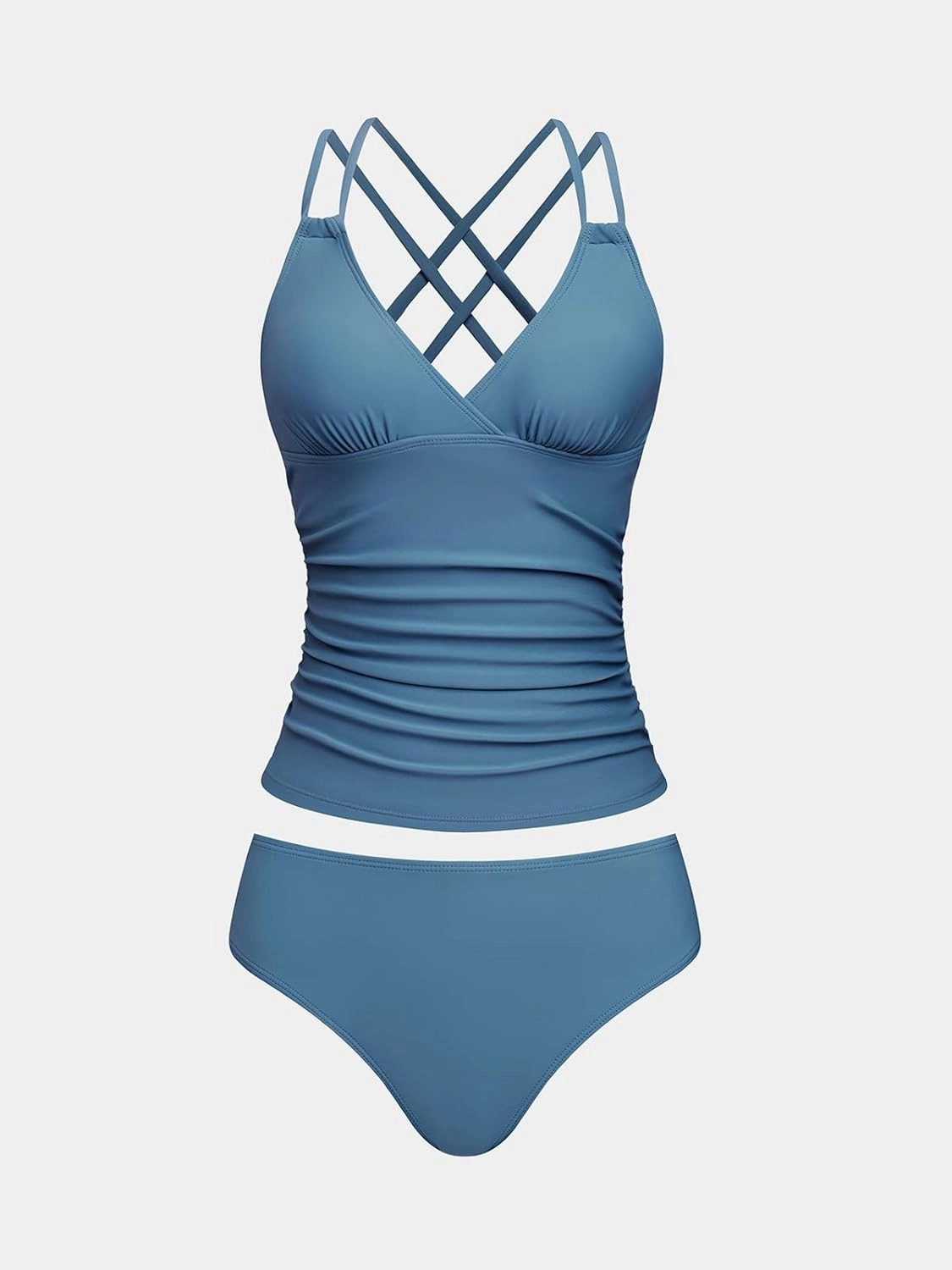 CUPSHE Women's Tankini Sets Two Piece Swimsuit V Neck Crisscross Adjustable Double Straps Ruched Mid Rise