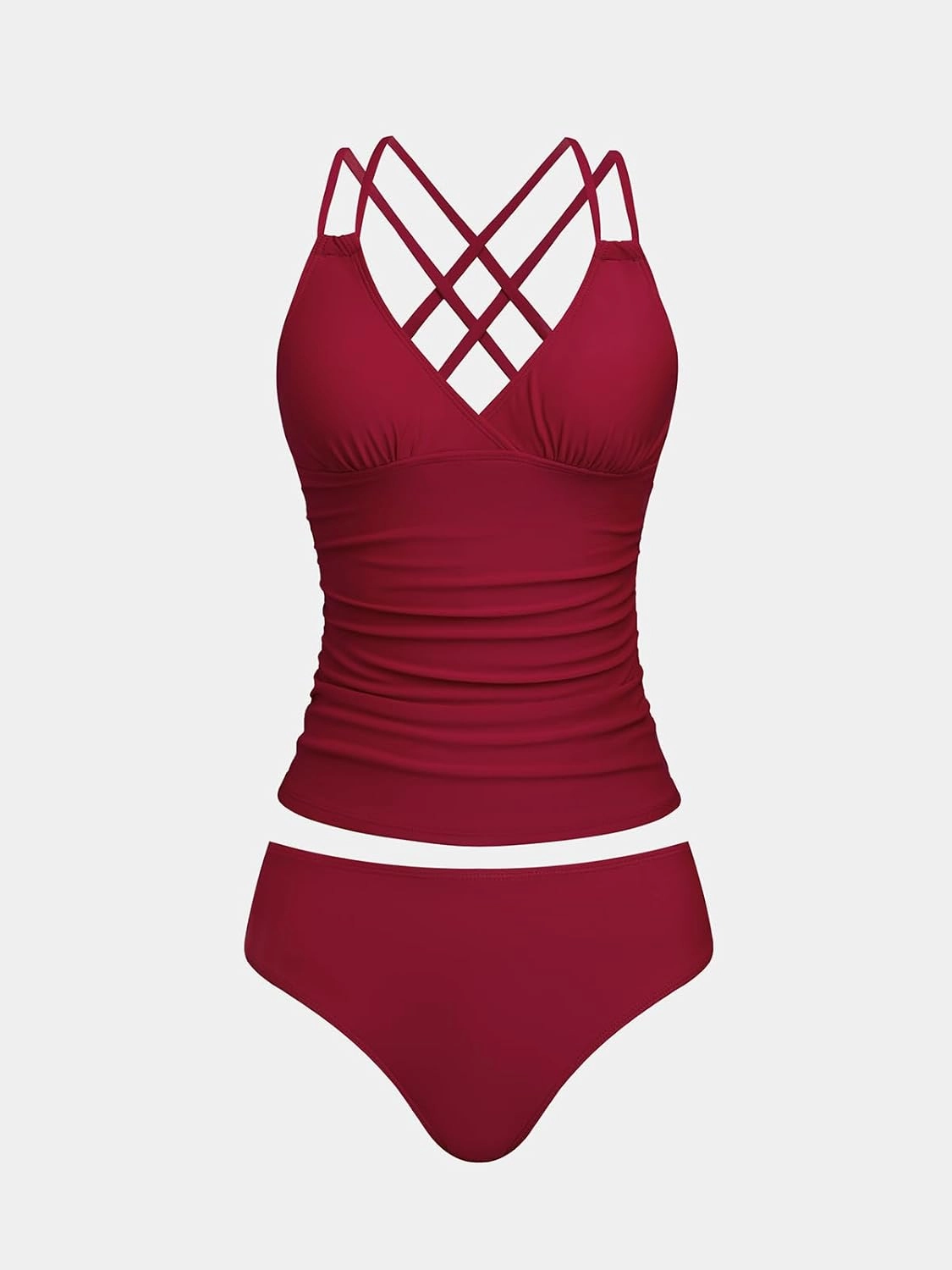 CUPSHE Women's Tankini Sets Two Piece Swimsuit V Neck Crisscross Adjustable Double Straps Ruched Mid Rise