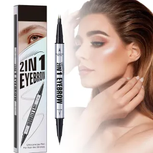 Curved Eyebrow Pen, 2025 New 2 in 1 Dual Ended Microblading Eyebrow Pencil with Micro-Fork-Tip and Precise Brush-Tip, Long-Lasting Fine Stroke Brow Pencil for Makeup Last All Day (Light brown)