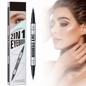 Curved Eyebrow Pen, 2025 New 2 in 1 Dual Ended Microblading Eyebrow Pencil with Micro-Fork-Tip and Precise Brush-Tip, Long-Lasting Fine Stroke Brow Pencil for Makeup Last All Day (Brown)
