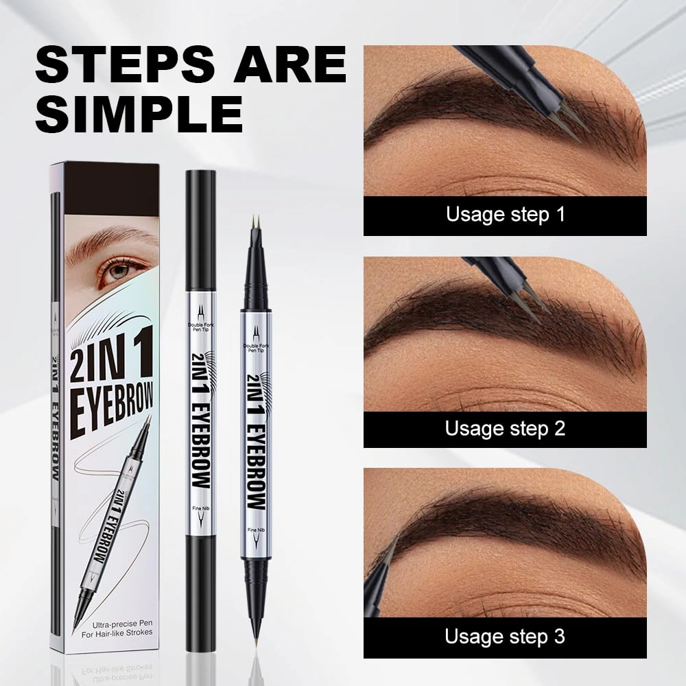 Curved Eyebrow Pen, 2025 New 2 in 1 Dual Ended Microblading Eyebrow Pencil with Micro-Fork-Tip and Precise Brush-Tip, Long-Lasting Fine Stroke Brow Pencil for Makeup Last All Day (Brown)