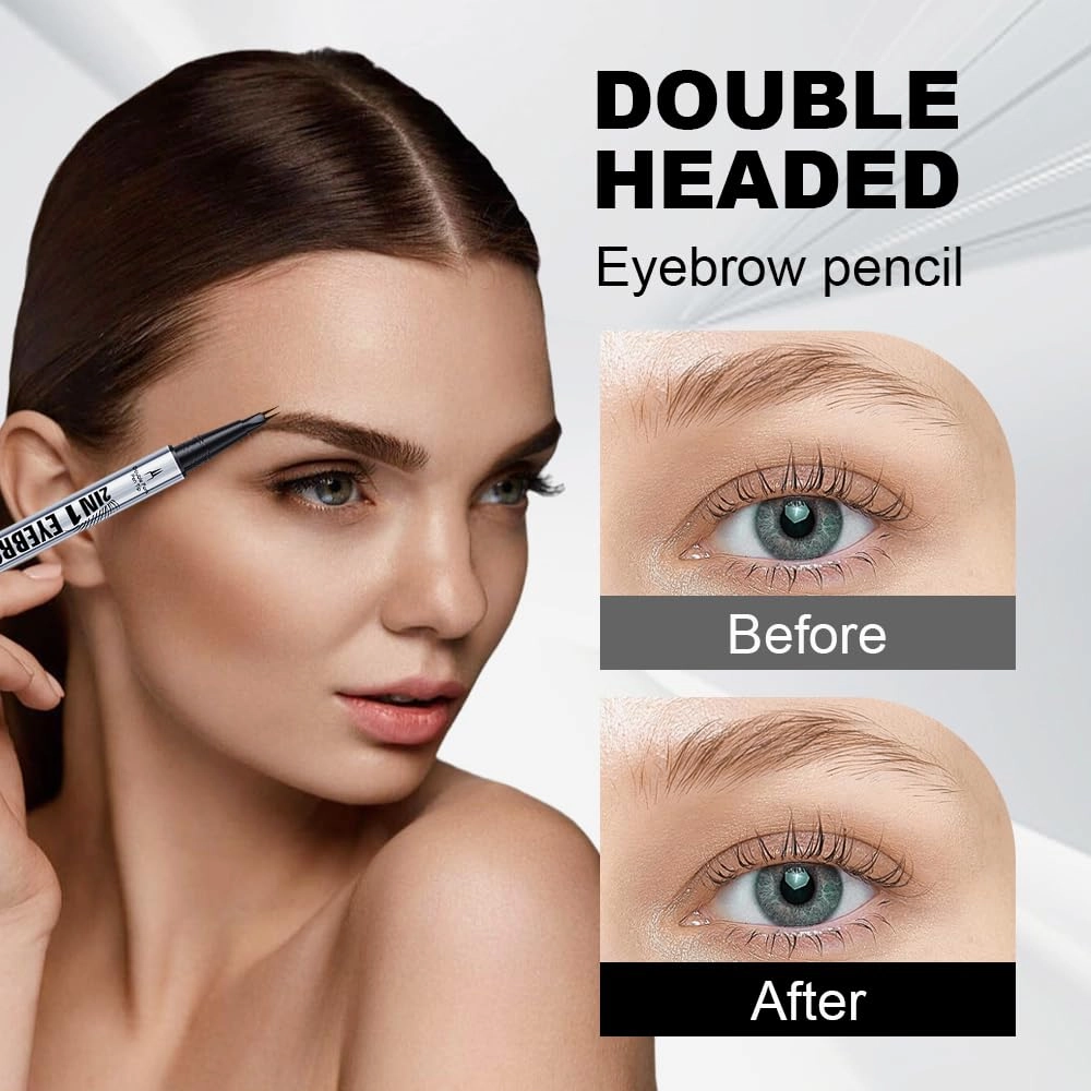 Curved Eyebrow Pen, 2025 New 2 in 1 Dual Ended Microblading Eyebrow Pencil with Micro-Fork-Tip and Precise Brush-Tip, Long-Lasting Fine Stroke Brow Pencil for Makeup Last All Day (Brown)