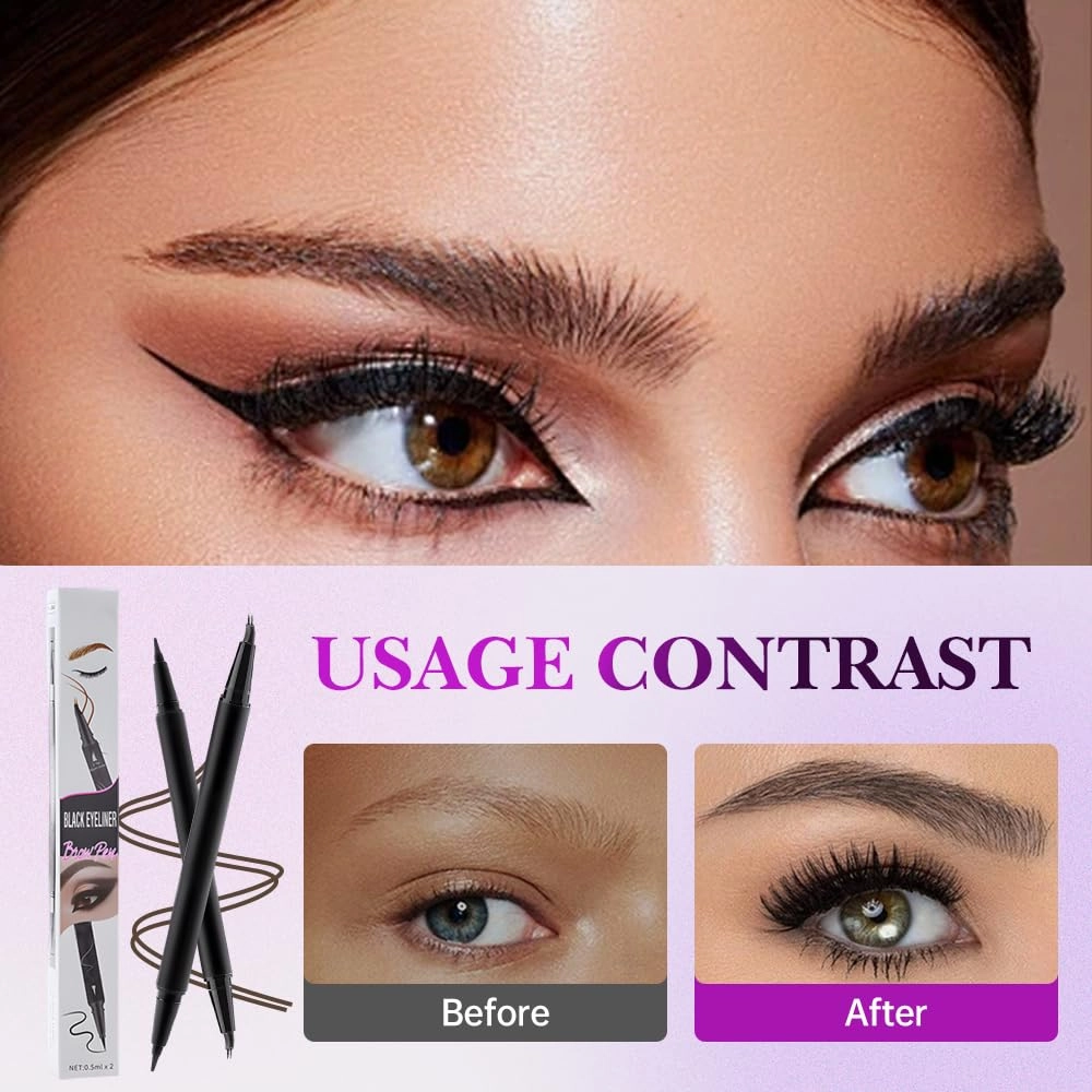 Curved Eyebrow Pen, 2025 New 2 in 1 Microblading Eyebrow Pen with Curved Tip and Precise Brush-Tip,2 pcs Multifunction Waterproof Double Head Eye Brow Brush Tattoo Pencil (Light Brown, One Size)