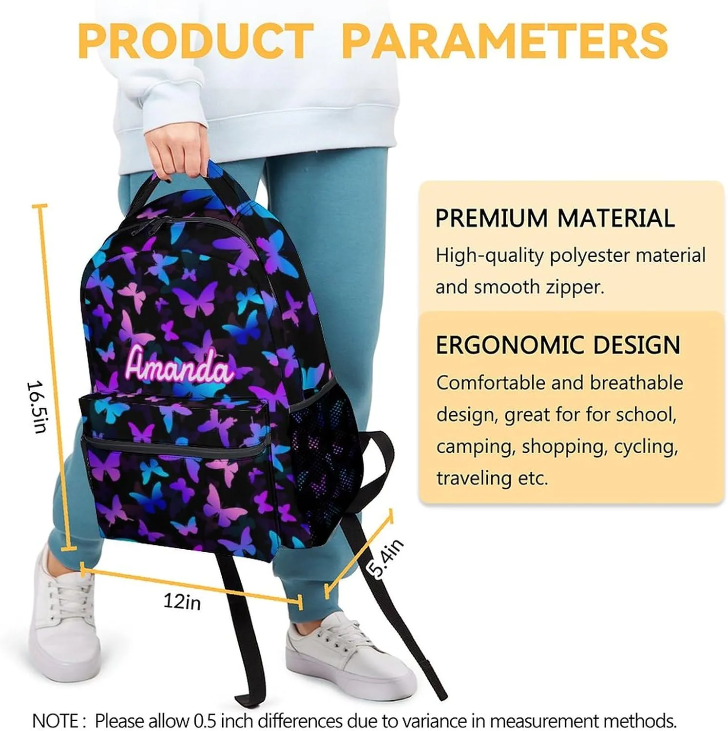 Custom Butterfly Backpack for Kids Girls, 16" Cute Cartoon Backpack for School, Personalized Large Capacity Bookbag for Students, Backpack Gifts for Butterfly Lovers