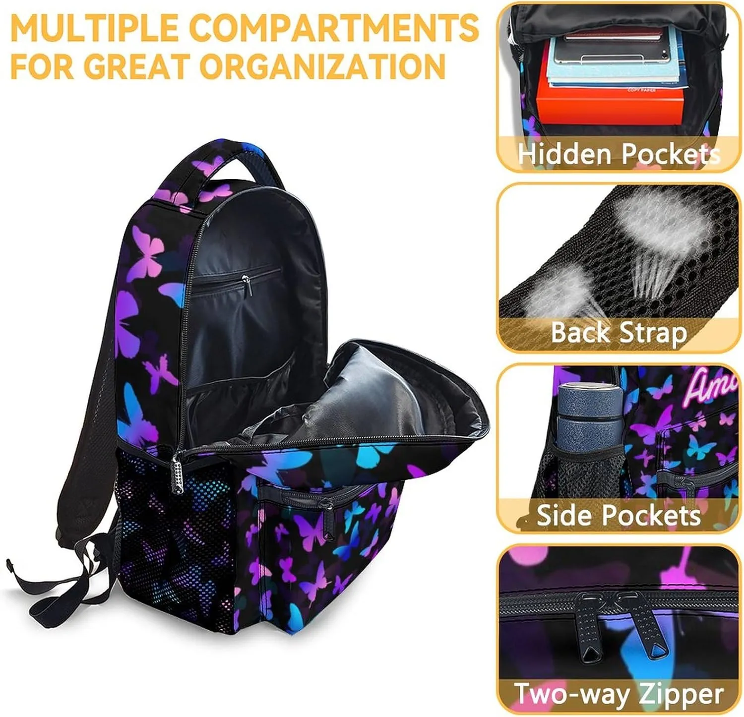 Custom Butterfly Backpack for Kids Girls, 16" Cute Cartoon Backpack for School, Personalized Large Capacity Bookbag for Students, Backpack Gifts for Butterfly Lovers