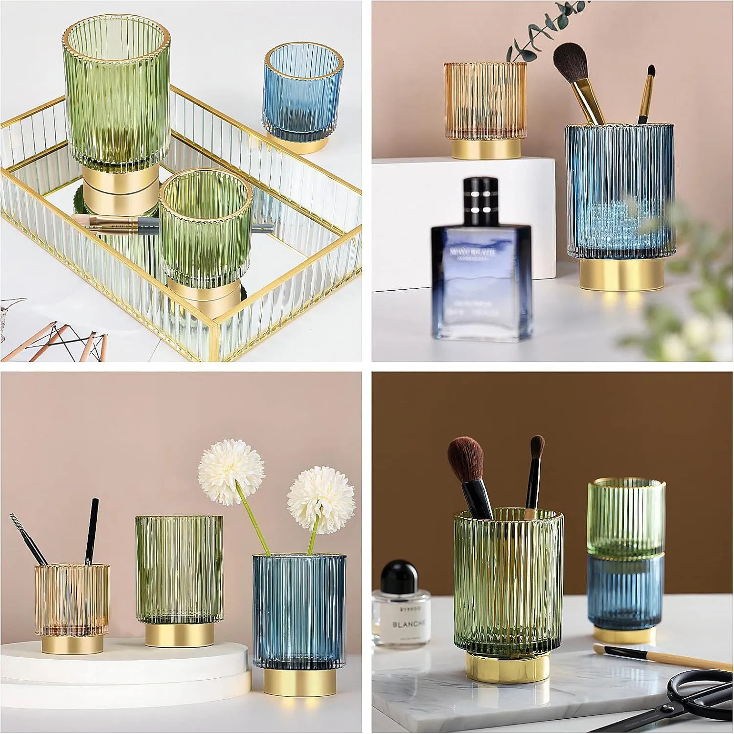 DASITON Makeup Brush holder Organizer,Crystal Cosmetic Makeup Brush Glass Brushes Storage Holder, Vintage Make Up Brush Cup Pen Pencil Holder striped vase(Coffee L)