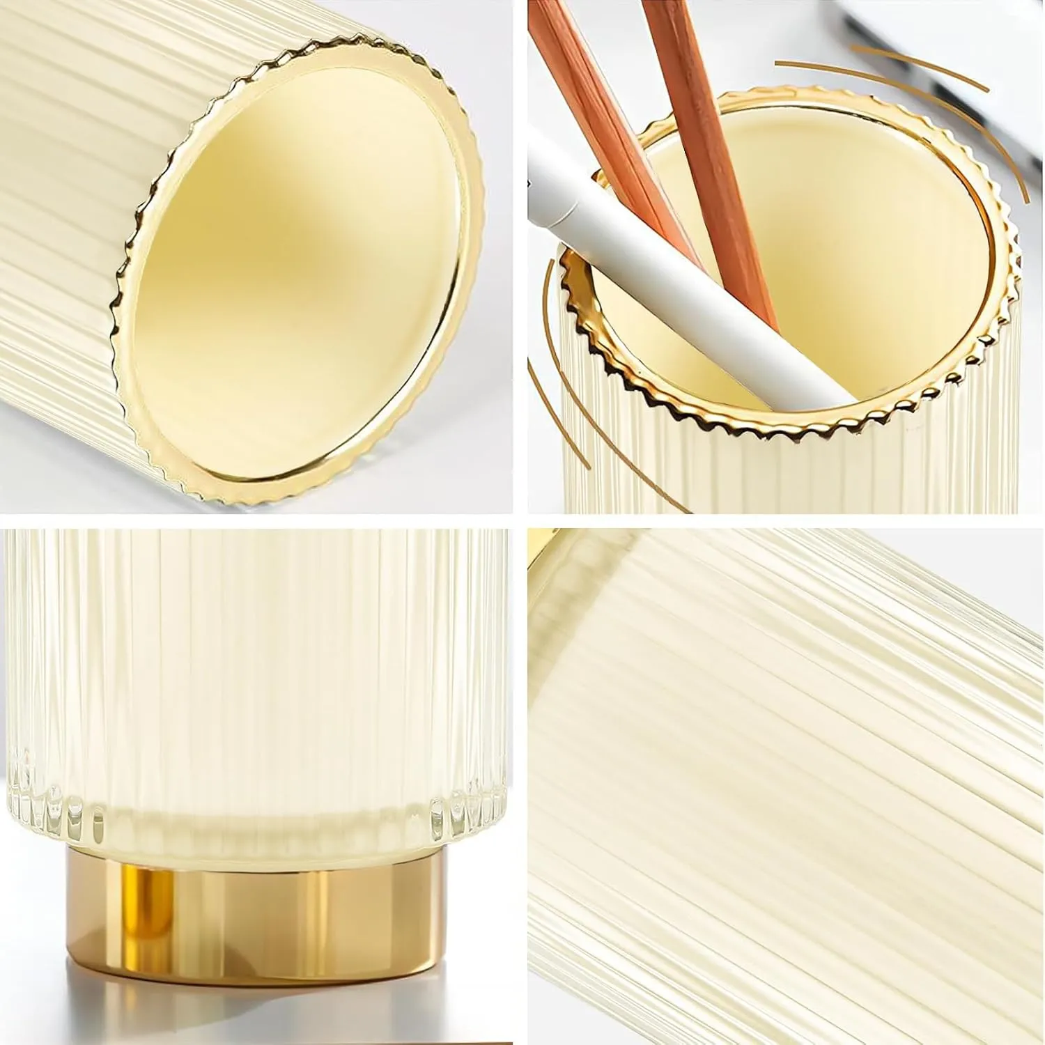 DASITON Makeup Brush holder Organizer,Crystal Cosmetic Makeup Brush Glass Brushes Storage Holder, Vintage Make Up Brush Cup Pen Pencil Holder striped vase(Cream L)