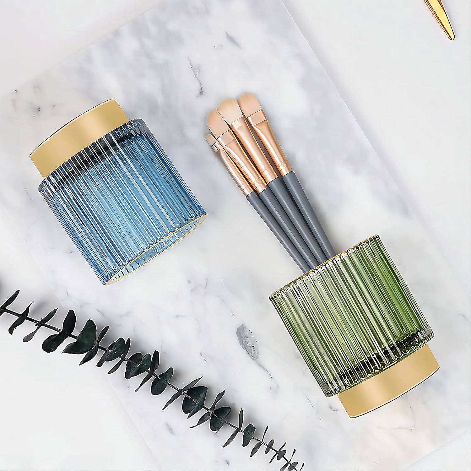 DASITON Makeup Brush holder Organizer,Crystal Cosmetic Makeup Brush Glass Brushes Storage Holder, Vintage Make Up Brush Cup Pen Pencil Holder striped vase(Blue S)