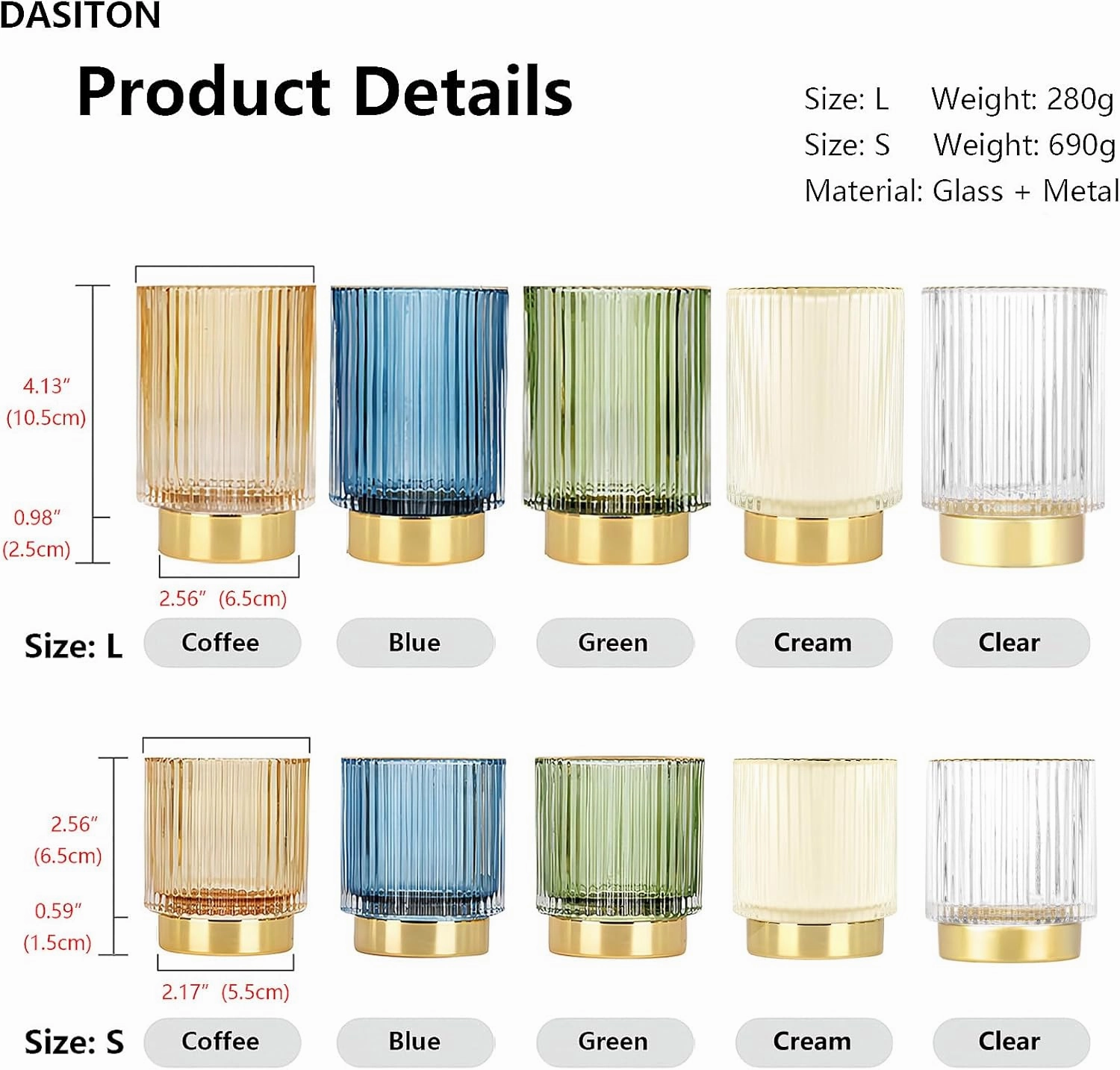DASITON Makeup Brush holder Organizer,Crystal Cosmetic Makeup Brush Glass Brushes Storage Holder, Vintage Make Up Brush Cup Pen Pencil Holder striped vase(Coffee S＋L)