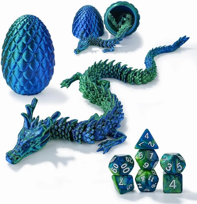DND Dice Set 7 Pcs and 3D Printed Dragon Egg,DND Polyhedral Dice Dungeons and Dragons Starter Games Role Playing Fidget Toys Set for RPG MTG Table Games,Blue Green