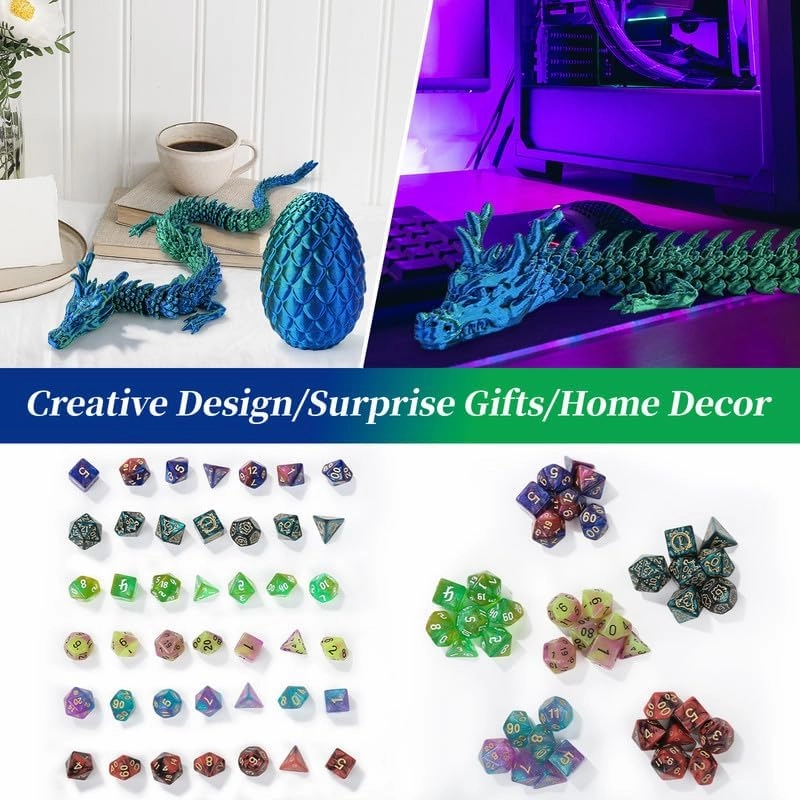 DND Dice Set 7 Pcs and 3D Printed Dragon Egg,DND Polyhedral Dice Dungeons and Dragons Starter Games Role Playing Fidget Toys Set for RPG MTG Table Games,Blue Green