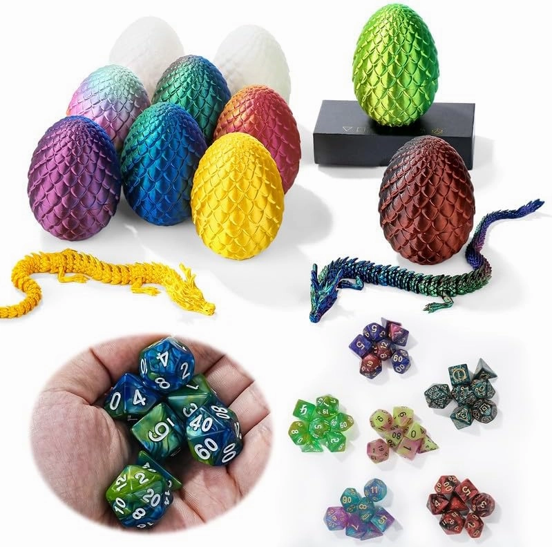 DND Dice Set 7 Pcs and 3D Printed Dragon Egg,DND Polyhedral Dice Dungeons and Dragons Starter Games Role Playing Fidget Toys Set for RPG MTG Table Games,Blue Green