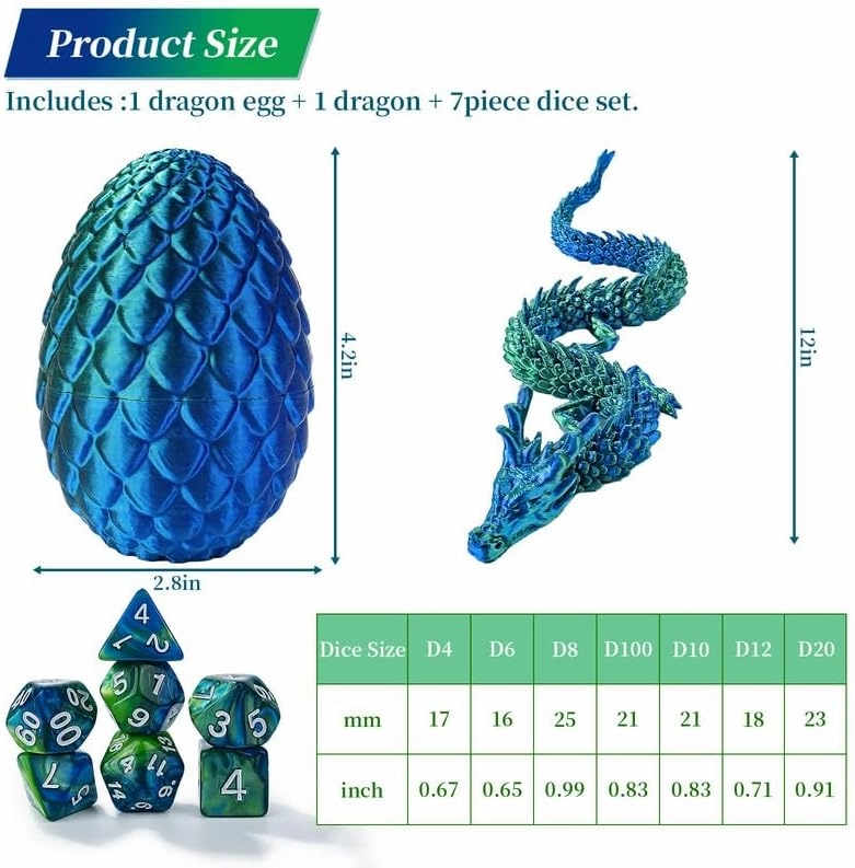DND Dice Set 7 Pcs and 3D Printed Dragon Egg,DND Polyhedral Dice Dungeons and Dragons Starter Games Role Playing Fidget Toys Set for RPG MTG Table Games,Blue Green