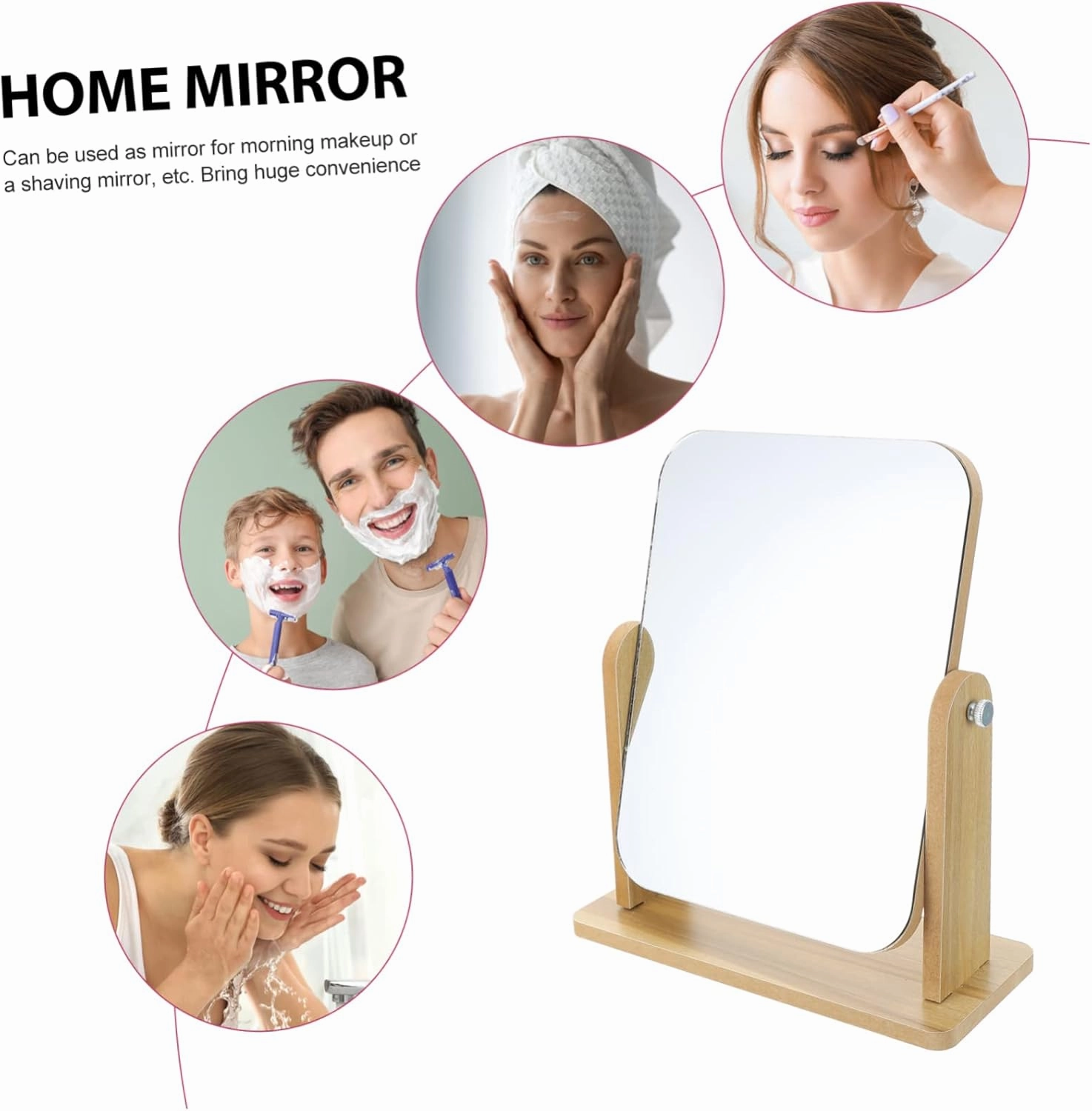 DOITOOL Vanity Mirror Wood Stand Makeup Mirror for Bathroom Square Tabletop Rotating 360° for Applying Makeup Shaving Hair Styling for Occasions