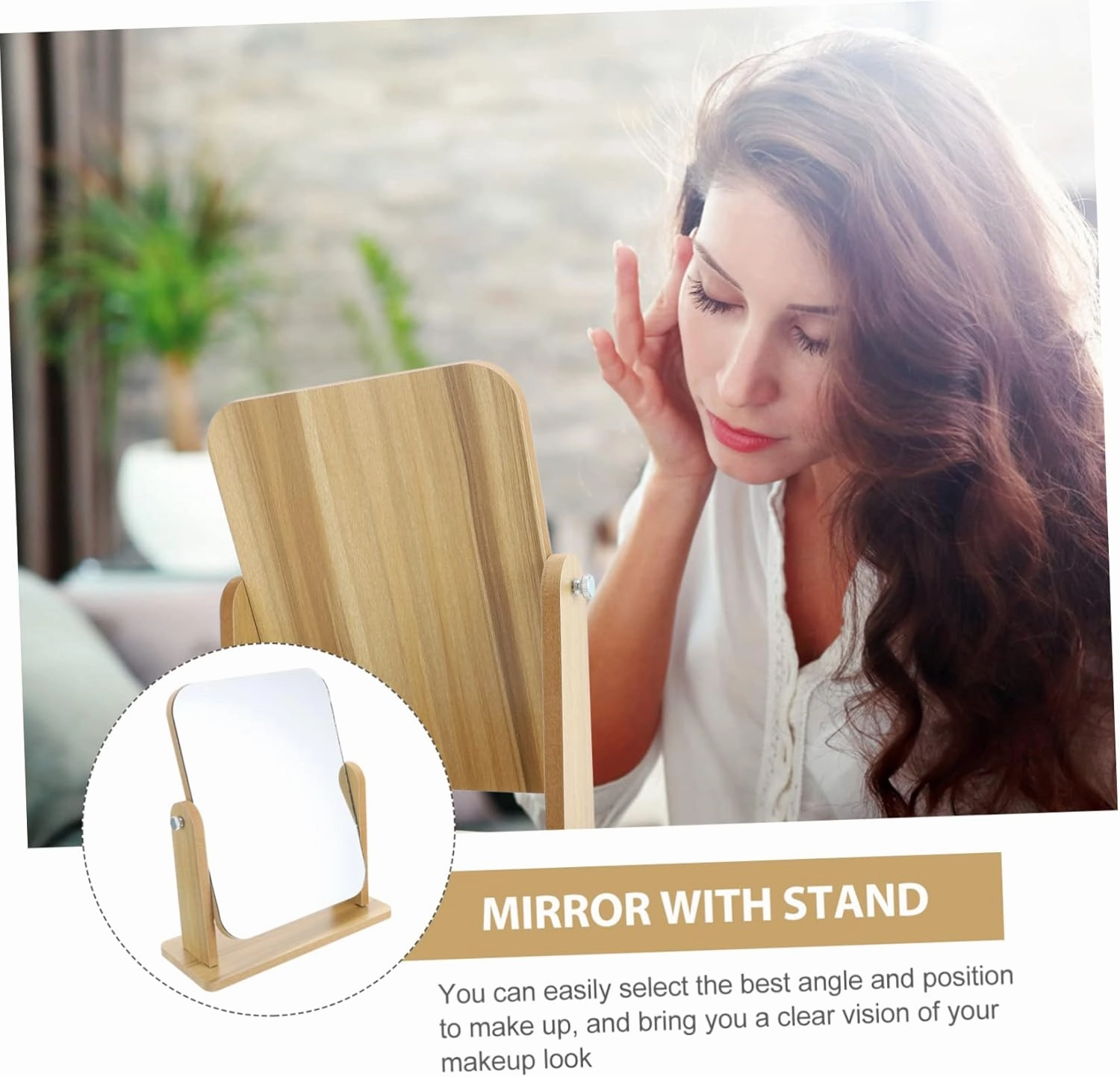 DOITOOL Vanity Mirror Wood Stand Makeup Mirror for Bathroom Square Tabletop Rotating 360° for Applying Makeup Shaving Hair Styling for Occasions