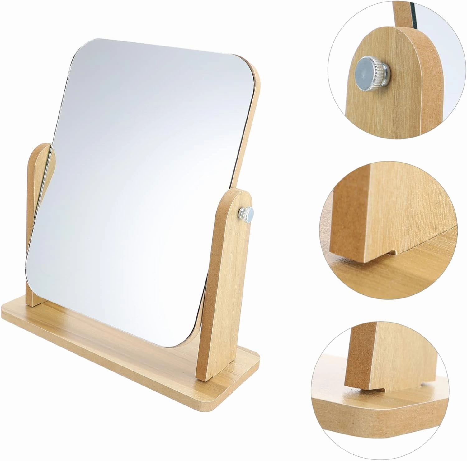 DOITOOL Vanity Mirror Wood Stand Makeup Mirror for Bathroom Square Tabletop Rotating 360° for Applying Makeup Shaving Hair Styling for Occasions