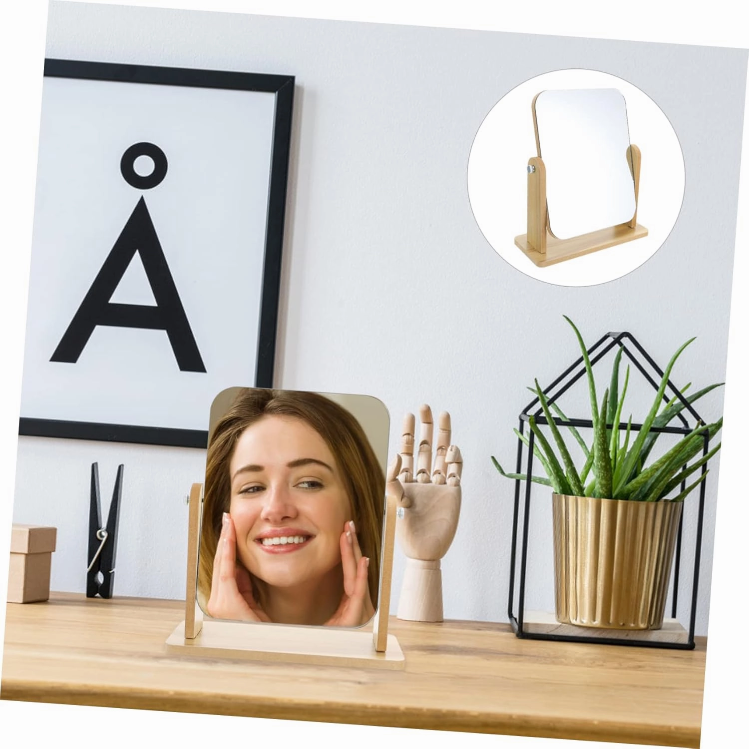 DOITOOL Vanity Mirror Wood Stand Makeup Mirror for Bathroom Square Tabletop Rotating 360° for Applying Makeup Shaving Hair Styling for Occasions