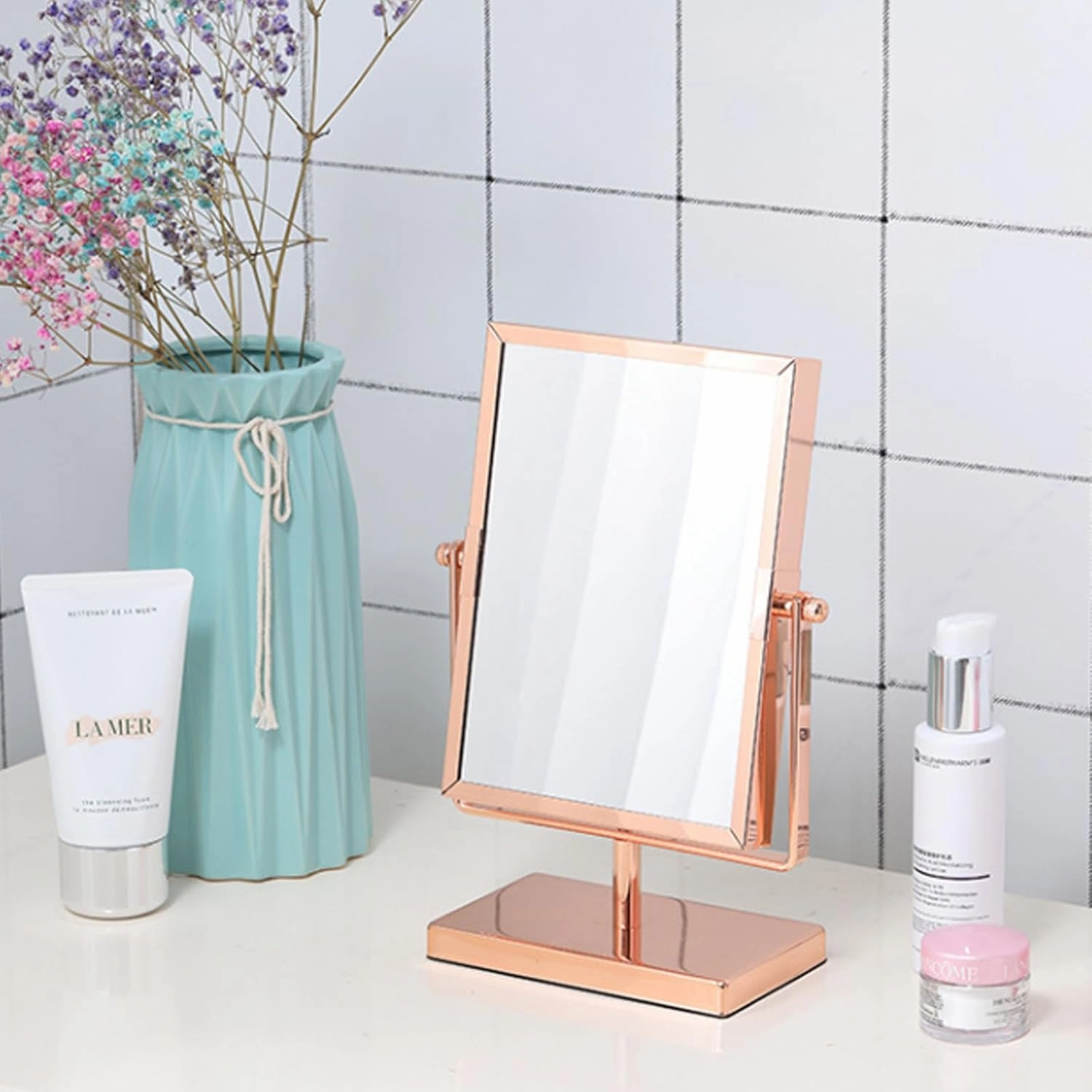 Double Face Rectangular Magnification Makeup Mirror,Desk Mirror Makeup Vanity Mirror Adjustable Double Sided Desktop Mirror 2X/3X Magnification Table Mirror Standing Mirror for Bedroom Dresser