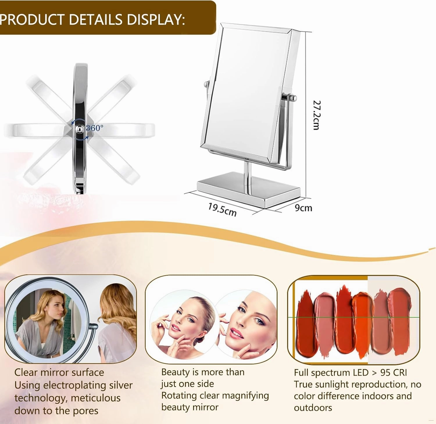 Double Face Rectangular Magnification Makeup Mirror,Desk Mirror Makeup Vanity Mirror Adjustable Double Sided Desktop Mirror 2X/3X Magnification Table Mirror Standing Mirror for Bedroom Dresser