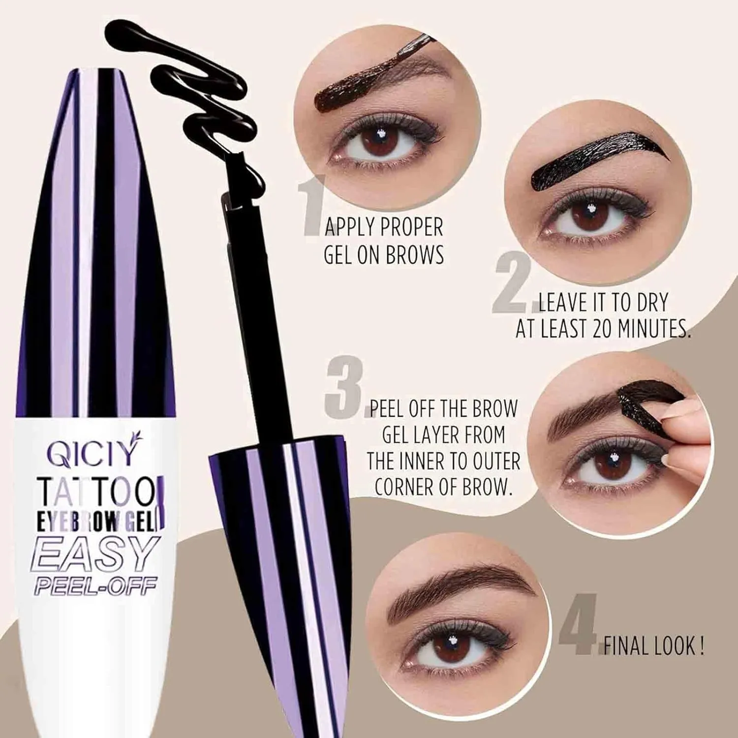 Easy Peel Off Eyebrow Gel, Long-Lasting & Waterproof Brow Tint for Women Create Fuller & Defined Brows Makeup with Eyebrow Stencils (2pcs-Black)