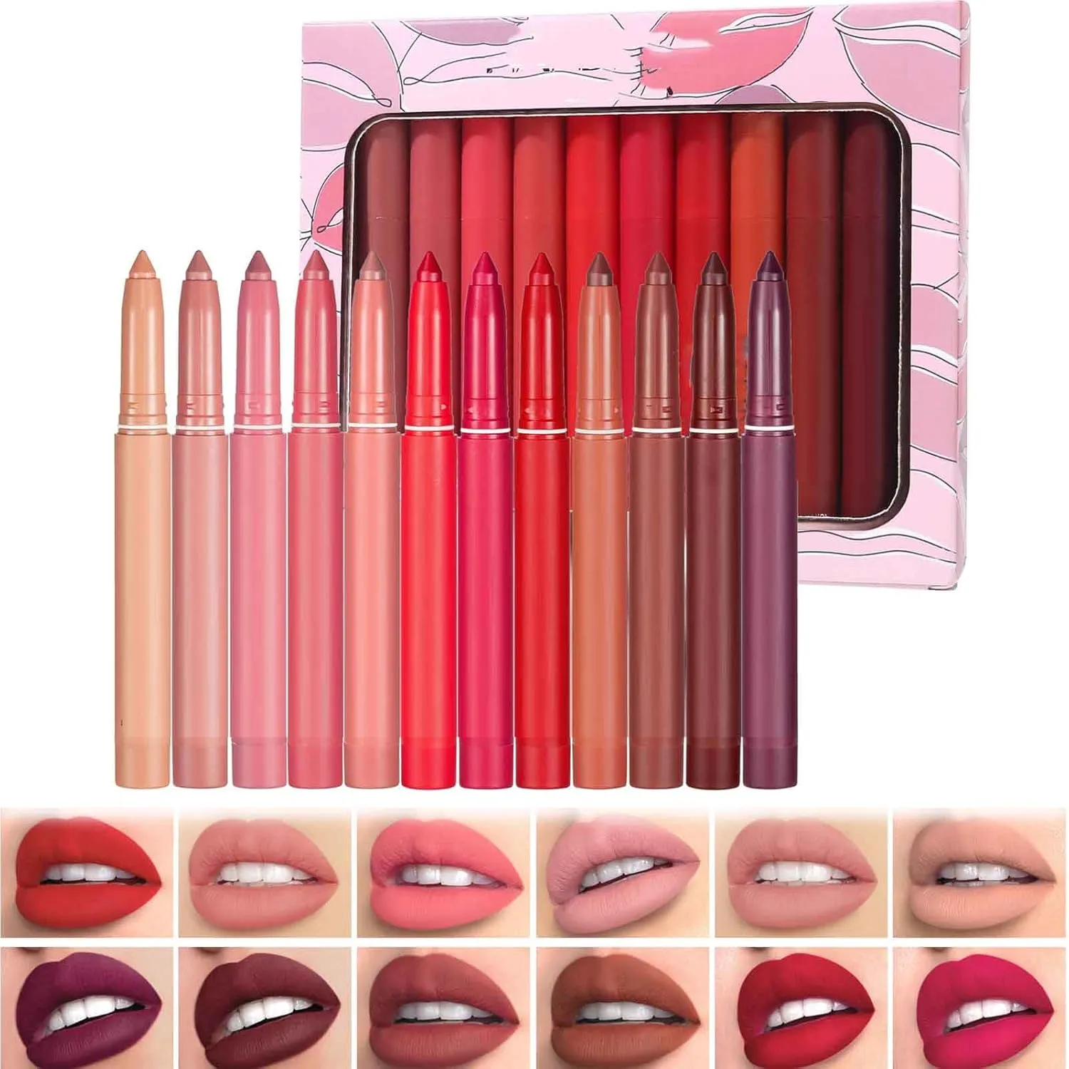 Eawfunlatom Rotating Sharpenable Matte Lipstick Pencils, Rotating Matte Lipstick Pencils, Precision Tip 𝐌𝐚𝐭𝐭𝐞 Lip Crayon Waterproof 𝐋𝐢𝐩 Gloss Stain Set (12 pc)