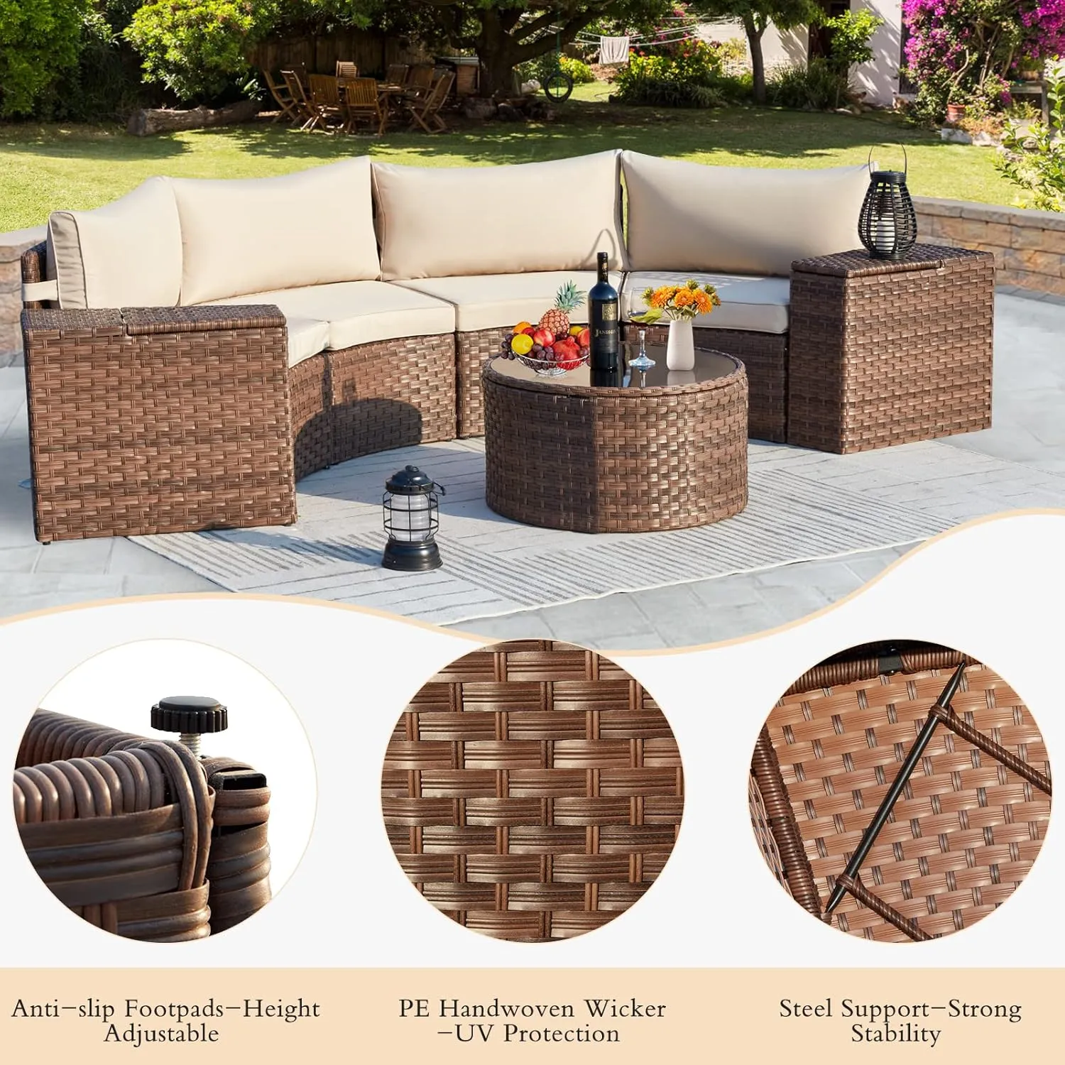 ECOTOUGE 7 Piece Patio Furniture Sets, Half-Moon Circle Conversation Set, Curved Wicker Outdoor Sectional with 2 Storage Armrests and Glass Coffee Table, Garden Balcony and Backyard (Beige)