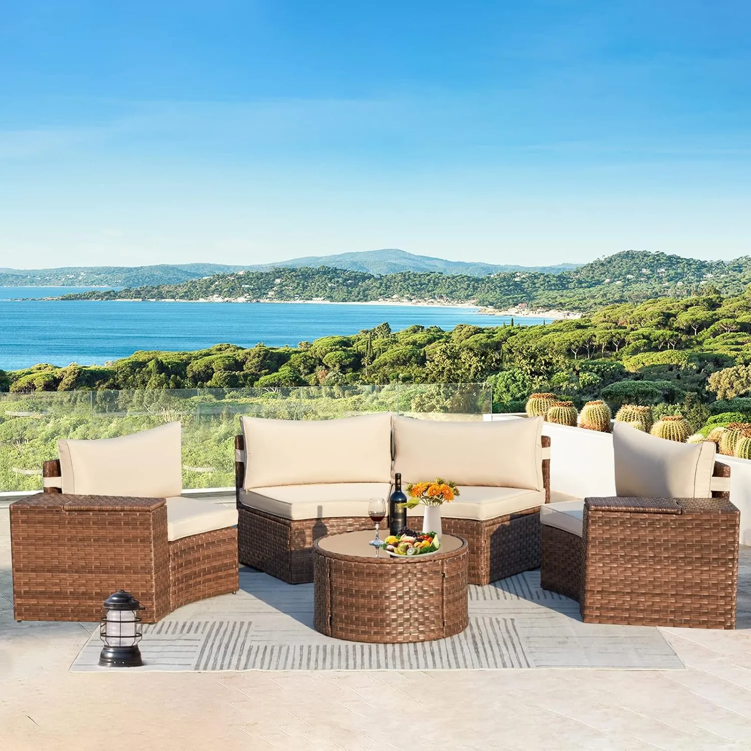 ECOTOUGE 7 Piece Patio Furniture Sets, Half-Moon Circle Conversation Set, Curved Wicker Outdoor Sectional with 2 Storage Armrests and Glass Coffee Table, Garden Balcony and Backyard (Beige)