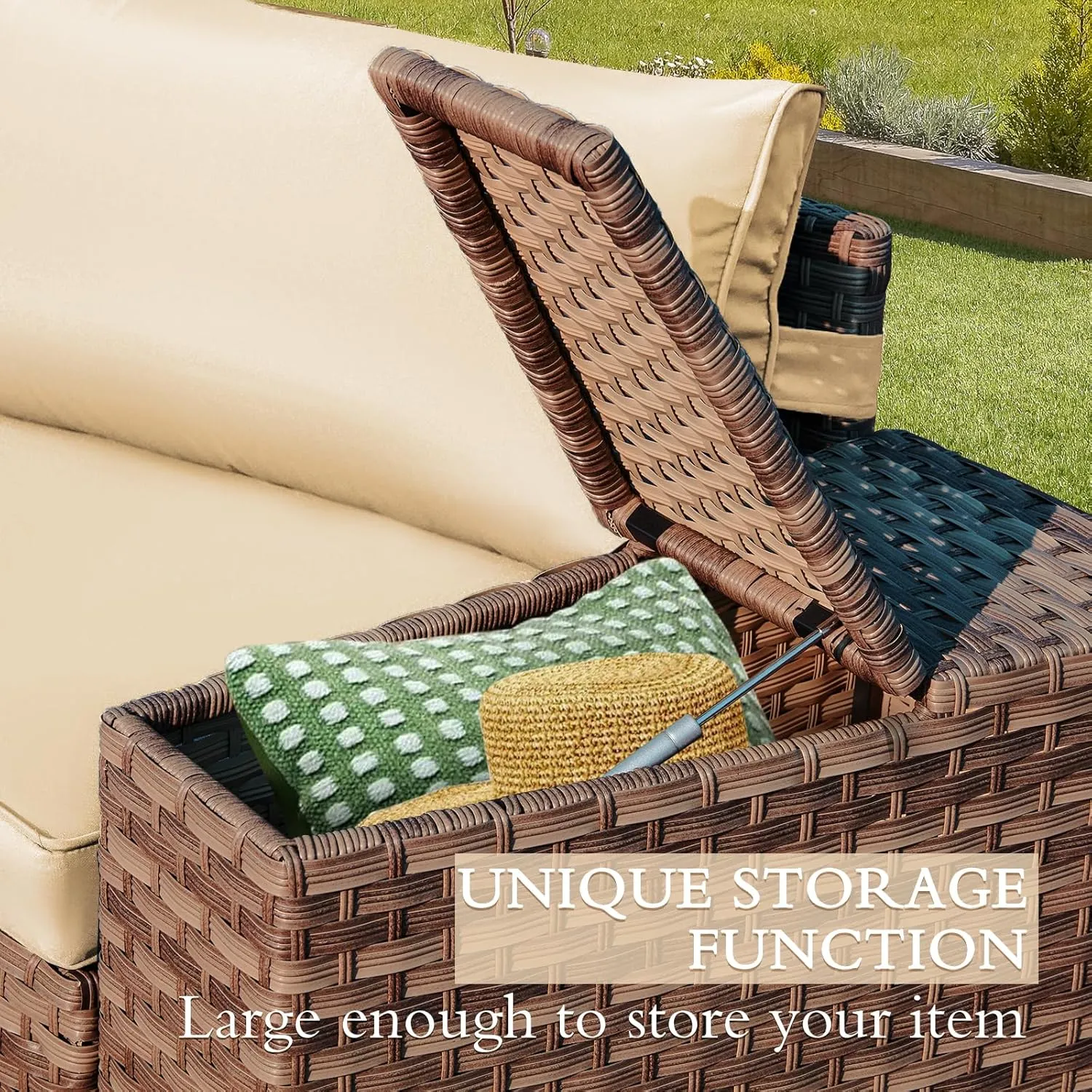 ECOTOUGE 7 Piece Patio Furniture Sets, Half-Moon Circle Conversation Set, Curved Wicker Outdoor Sectional with 2 Storage Armrests and Glass Coffee Table, Garden Balcony and Backyard (Beige)