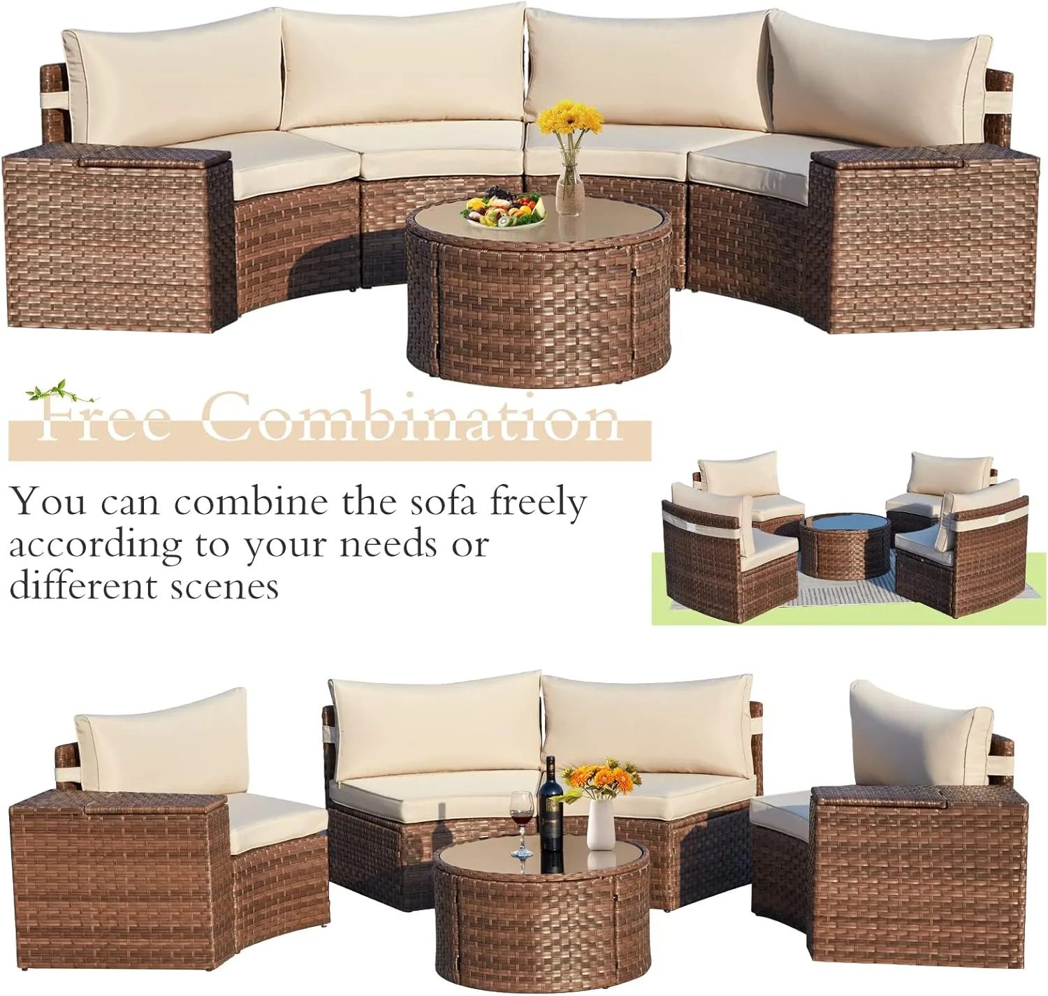 ECOTOUGE 7 Piece Patio Furniture Sets, Half-Moon Circle Conversation Set, Curved Wicker Outdoor Sectional with 2 Storage Armrests and Glass Coffee Table, Garden Balcony and Backyard (Beige)