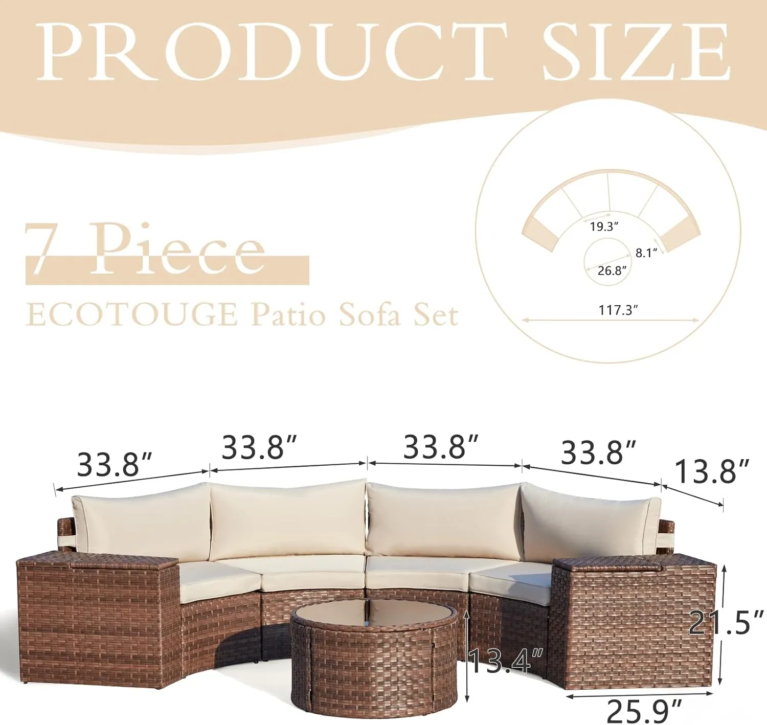 ECOTOUGE 7 Piece Patio Furniture Sets, Half-Moon Circle Conversation Set, Curved Wicker Outdoor Sectional with 2 Storage Armrests and Glass Coffee Table, Garden Balcony and Backyard (Beige)