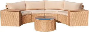 ECOTOUGE 7 Piece Patio Furniture Sets, Half Moon Conversation Sofa Set, Curved Wicker Outdoor Sectional with 2 Storage Armrests and Round Glass Coffee Table, Garden Balcony Deck Backyard (Khaki)