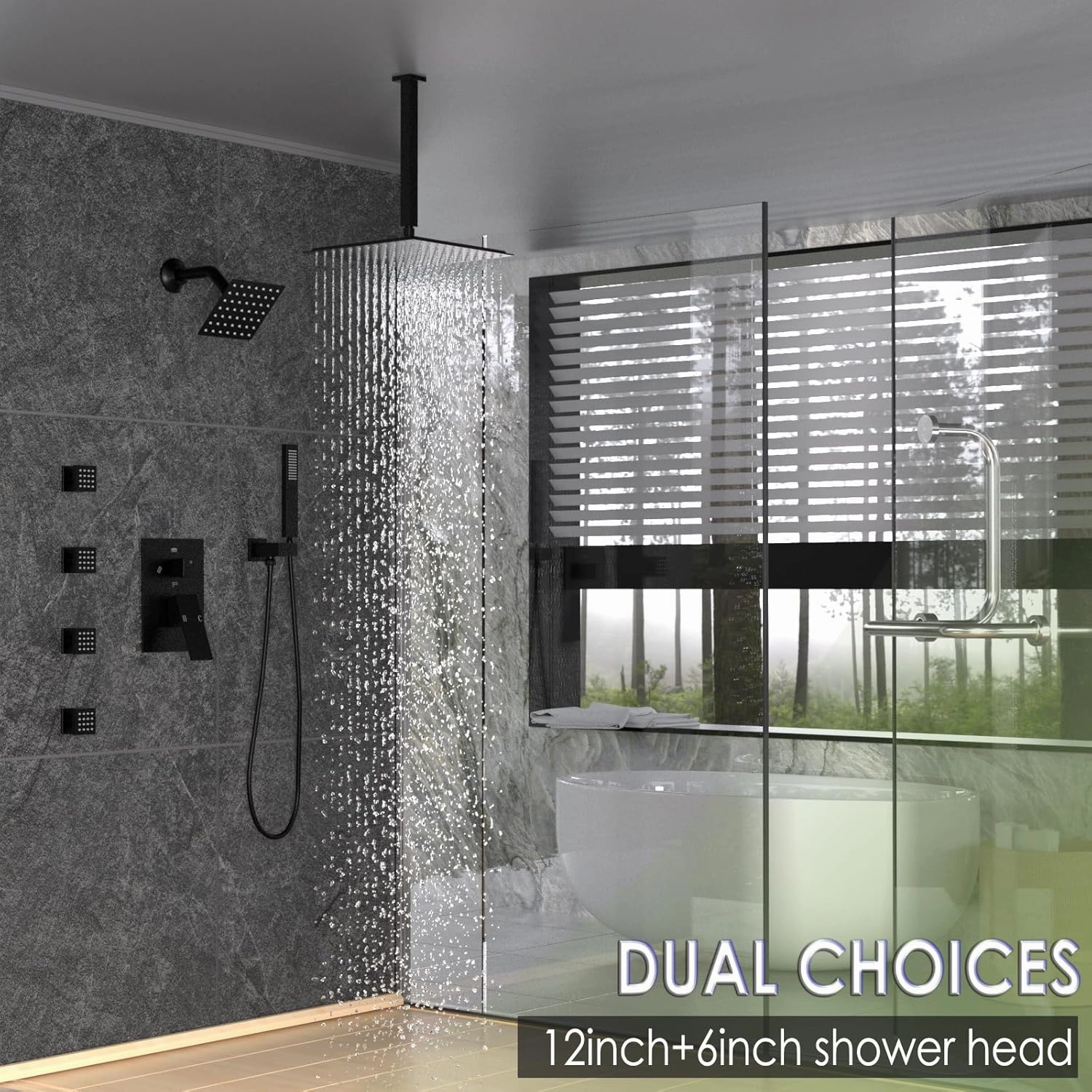Enga Dual Shower Head Shower System with Body Jets, 12" Ceiling Mounted Rain Shower Head & 6" Wall Mounted Head Full Body Rainfall Shower Faucet with Valve Kit, Matte Black